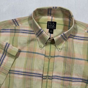 Jos A Bank Mens XL 100% Linen Button Down Shirt Short Sleeve Plaid Multi-color